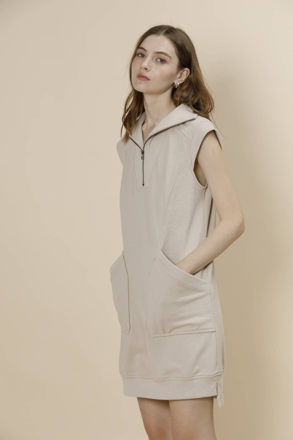 Zip-Up Front Cap Sleeve French Terry Lounge Mini Dress