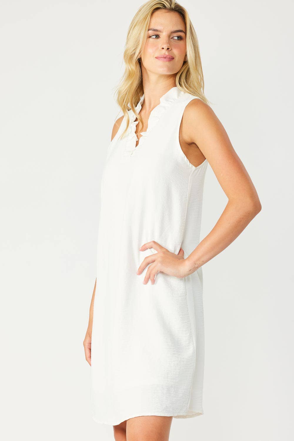 SLEEVELESS SOLID WOVEN DRESS WITH LINING