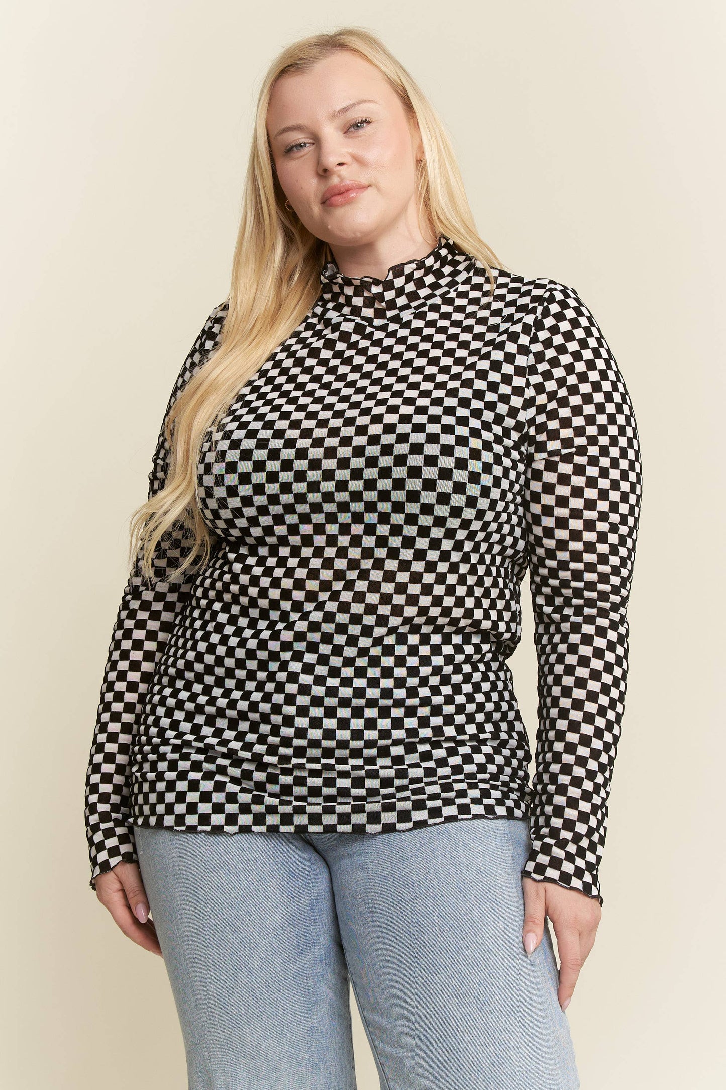 PLUS SIZE LONG SLEEVE CHECKERED MESH MOCK NECK TOP