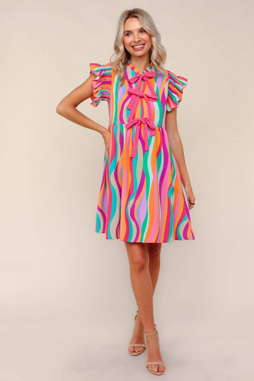 Plus Multicolor Dress W/ Cute Bow Tie Front
