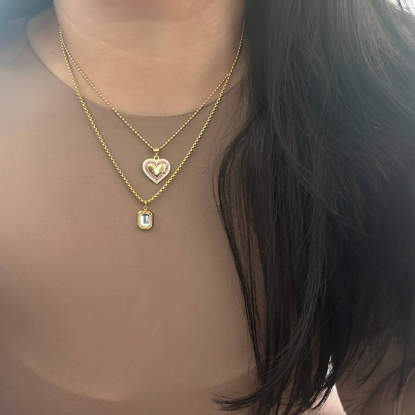 Small Heart Pave Pendant necklace pink glass beaded chain