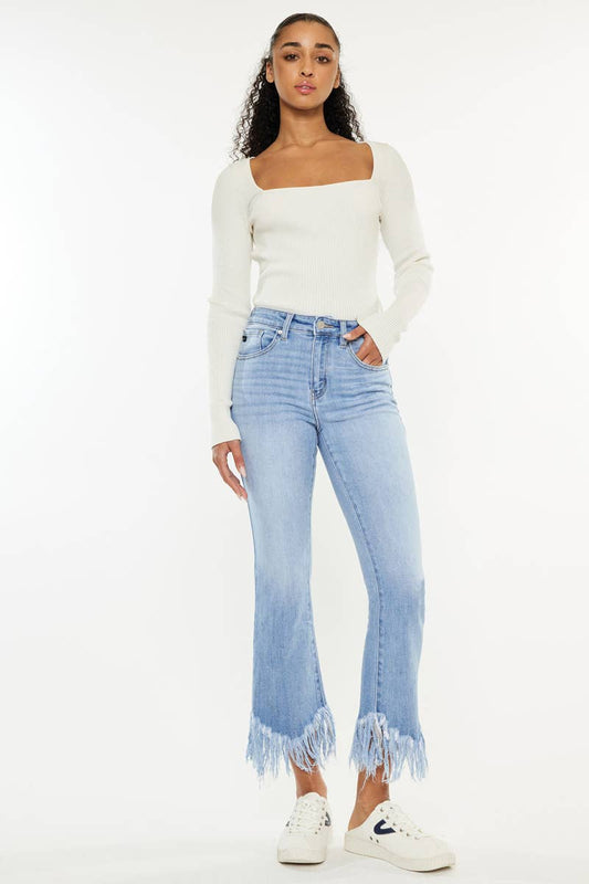 HIGH RISE CROP BOOTCUT DENIM PANTS Fray Hem