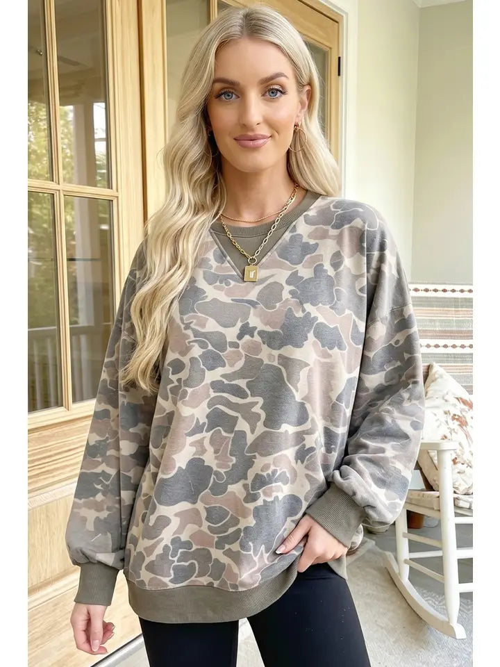Camo Print Ribbed Trim Casual Pullover Sweatshirt