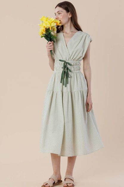 Plaid Surpliced Front Bow Tie Waist Midi Dress