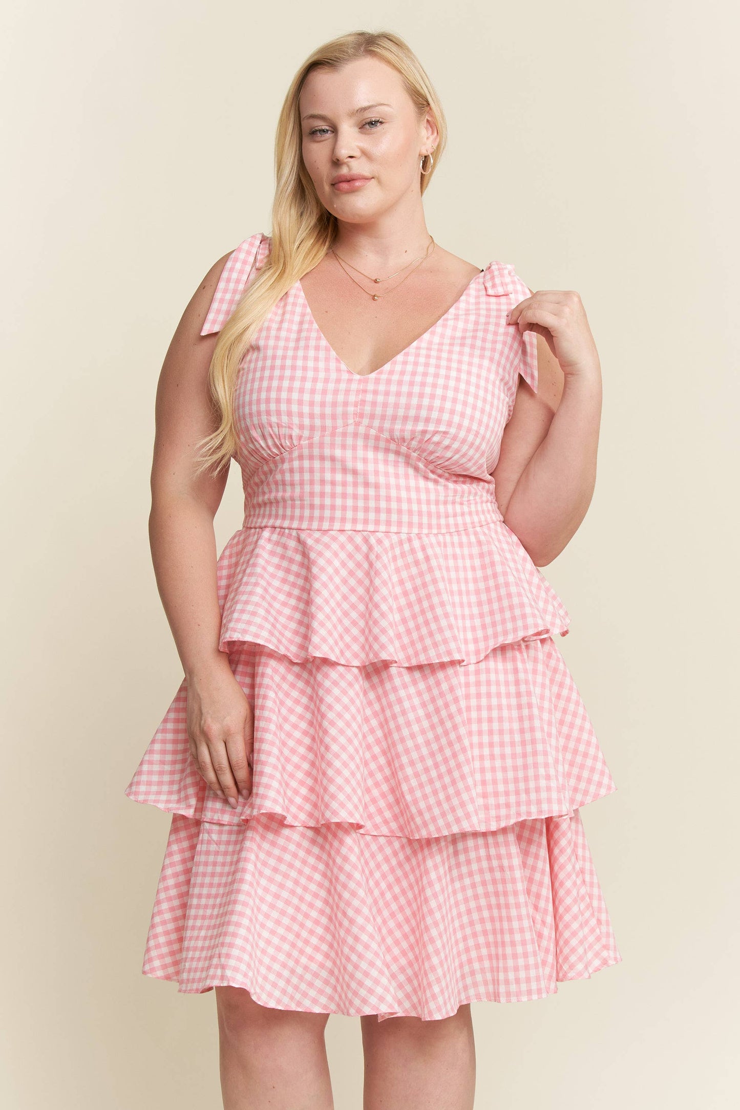 PLUS SIZE GINGHAM TIERED MINI DRESS