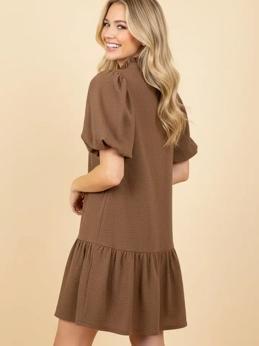 Textured Puff Sleeve Tiered Mini Dress