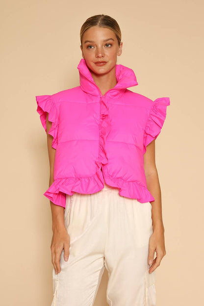 Cropped ruffle puffer vest