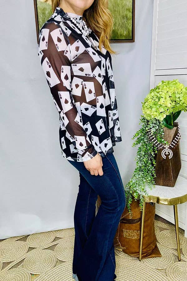 Sheer women's top poker printed mesh long sleeve