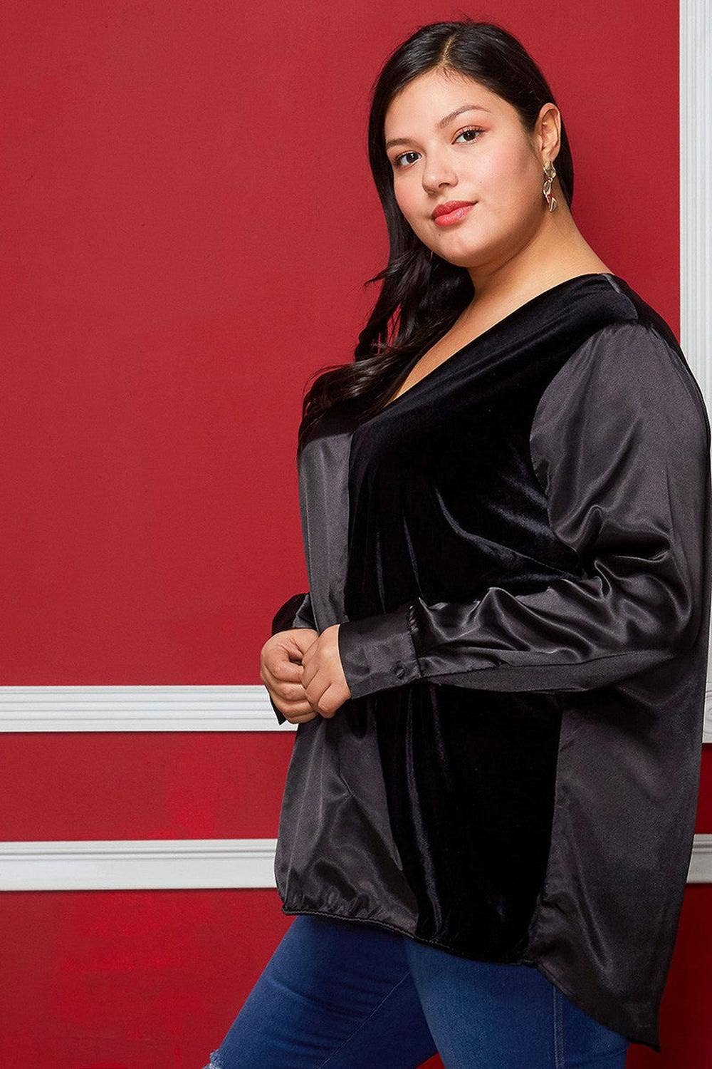 Pleione Plus Size Women's Charmeuse Contrast Cross Front Blouse