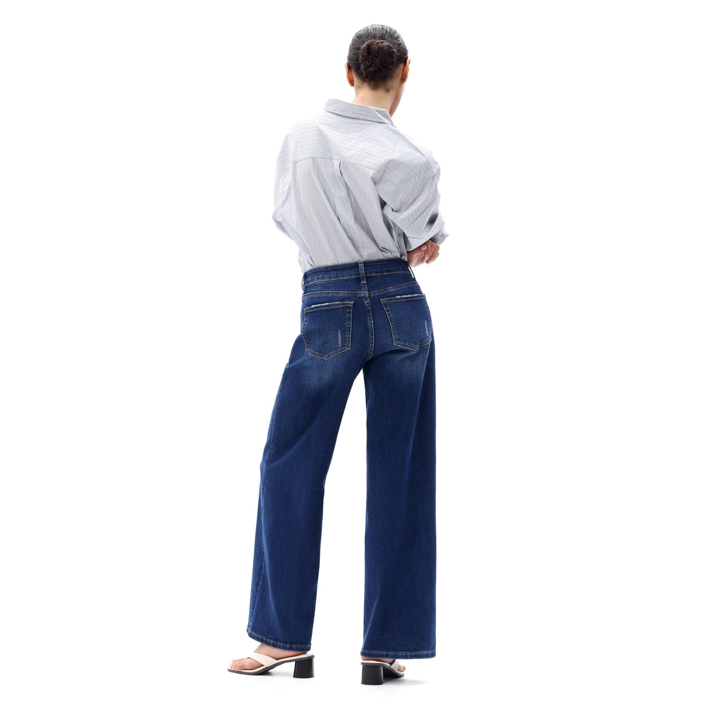 Mid Rise Wide Leg Jeans Relaxed Distressed Denim BG8001