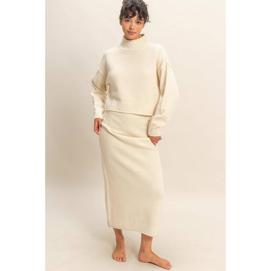Textured High Neck Sweater & Skirt Set