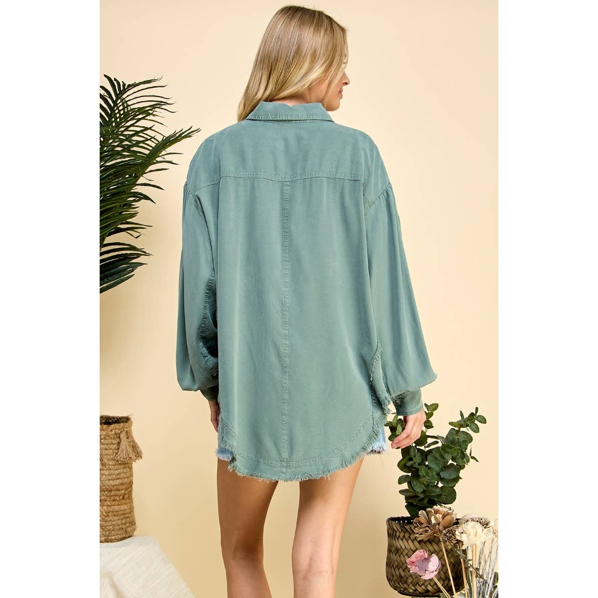 Oversize Frayed Seam Balloon Sleeve Shirts