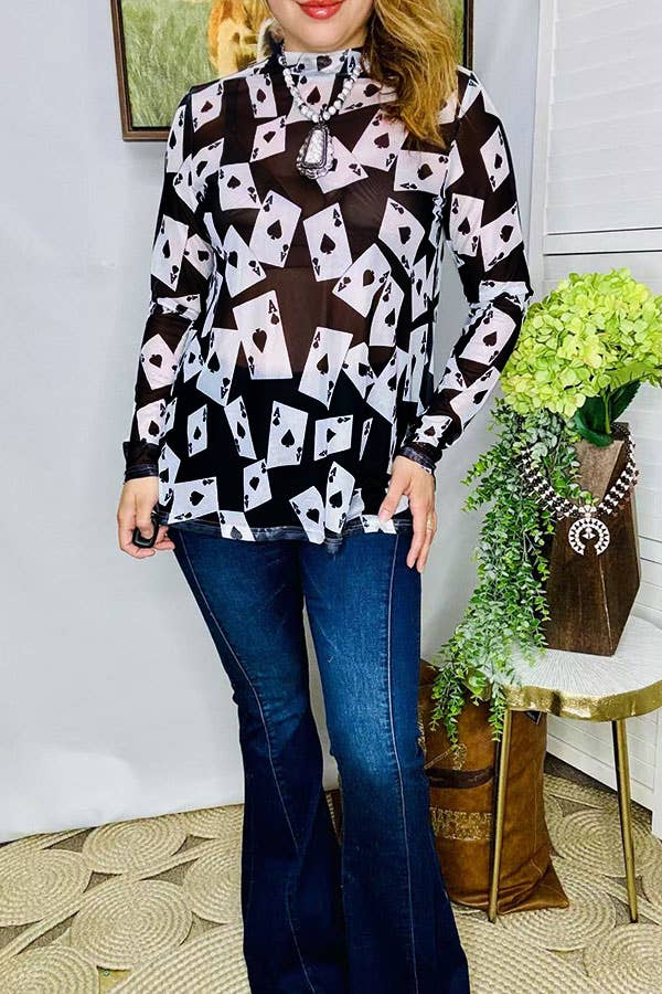 Sheer women's top poker printed mesh long sleeve
