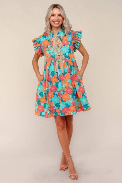 Floral Chiffon Dress W/ Ruffle Short Sleeves