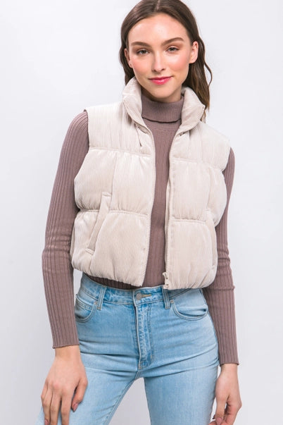 CORDUROY ZIP UP PUFFER VEST WITH POCKETS