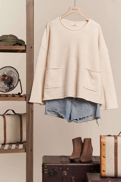 Wide Neck Knit Sweater with Double Pocket Detail