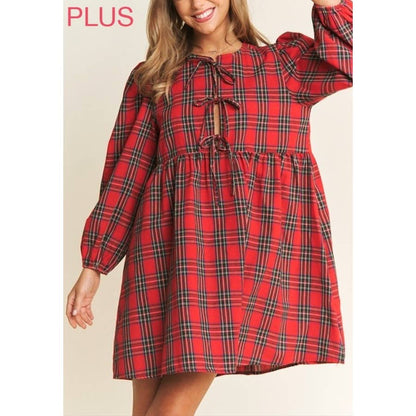 PLUS SOFT PLAID  BABYDOLL BOW MINI DRESS