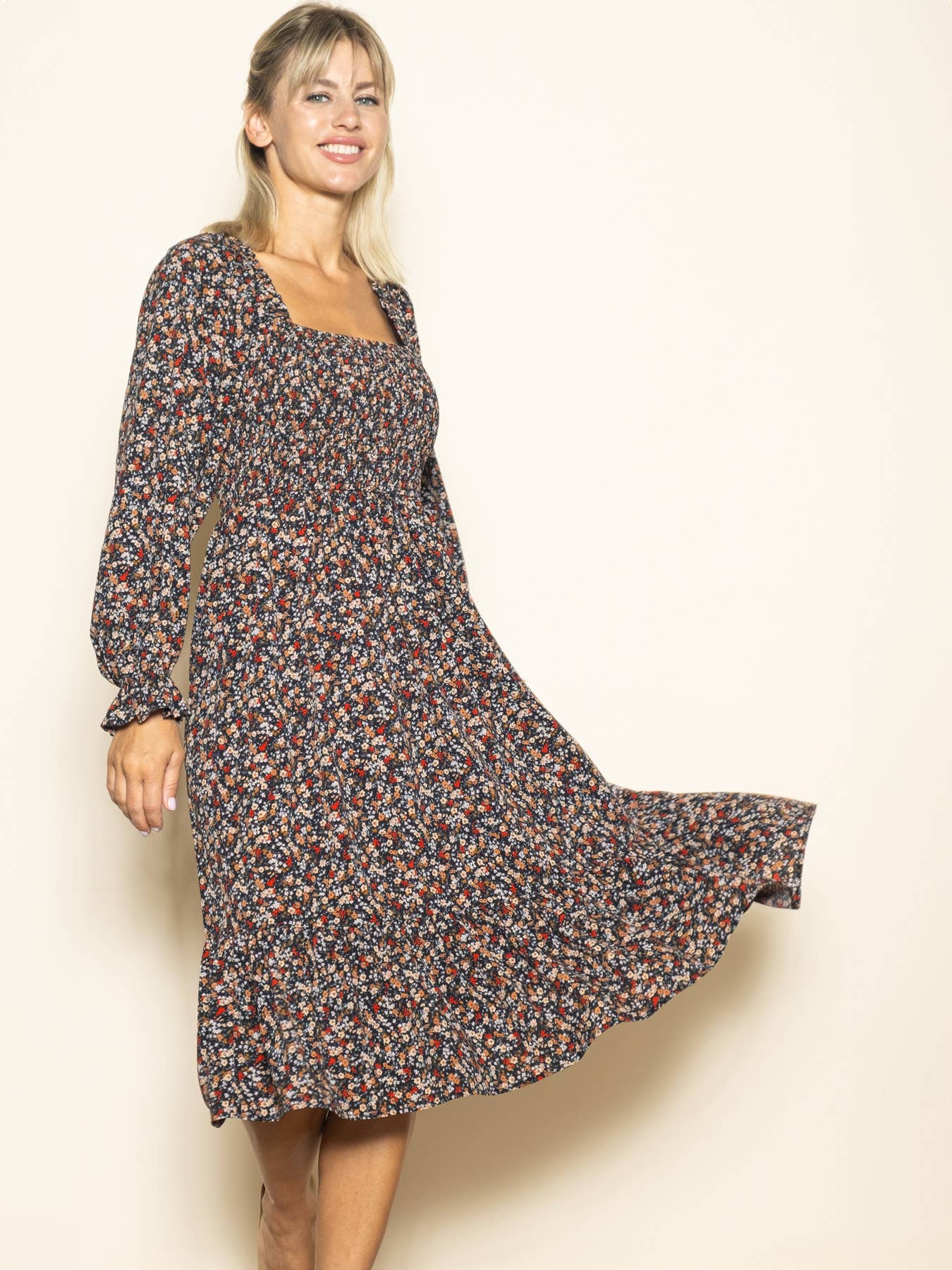 Velvet Back Tie Long Sleeve Winter Midi Dress with Pockets