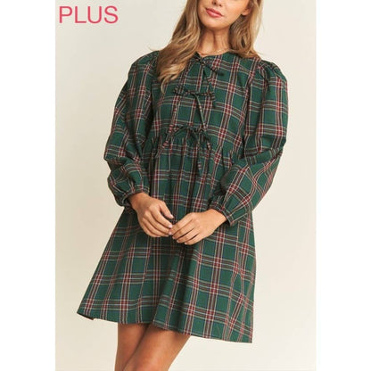 PLUS SOFT PLAID  BABYDOLL BOW MINI DRESS