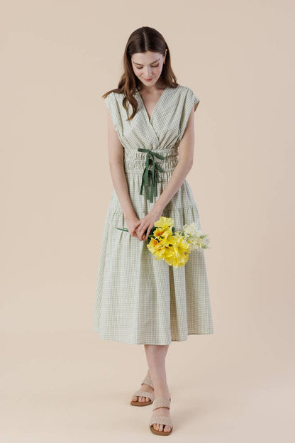 Plaid Surpliced Front Bow Tie Waist Midi Dress