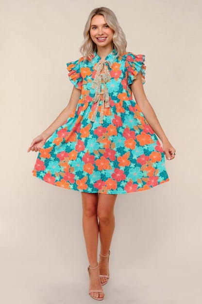 Floral Chiffon Dress W/ Ruffle Short Sleeves