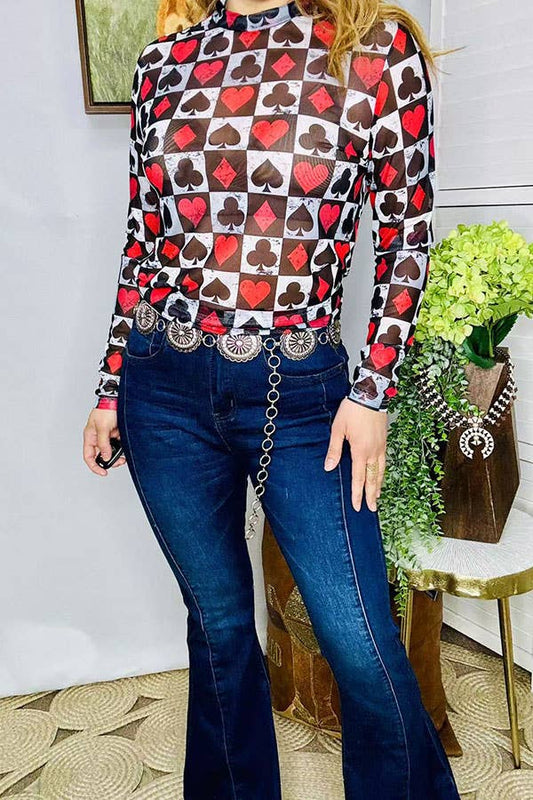Women's poker printed long sleeve mesh top XCH16104