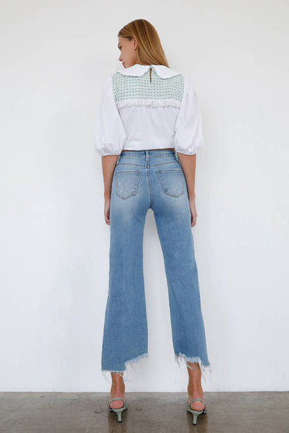 Uneven Raw Hem Crop Flare Jeans