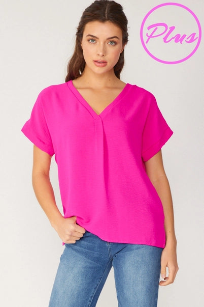 Plus Short Sleeve Relaxed Fit Woven V Neck Top