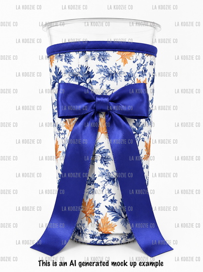 BLUE & ORANGE FALL LEAVES with Blue Bow