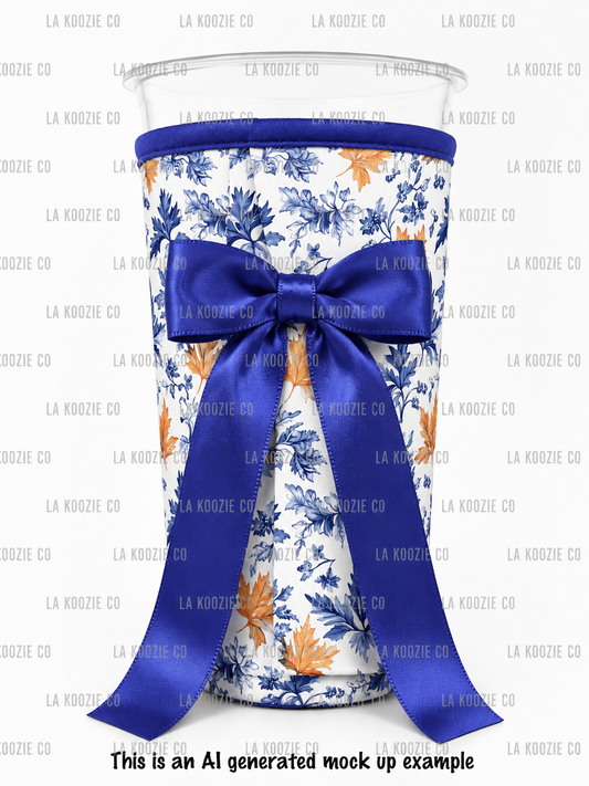 BLUE & ORANGE FALL LEAVES with Blue Bow