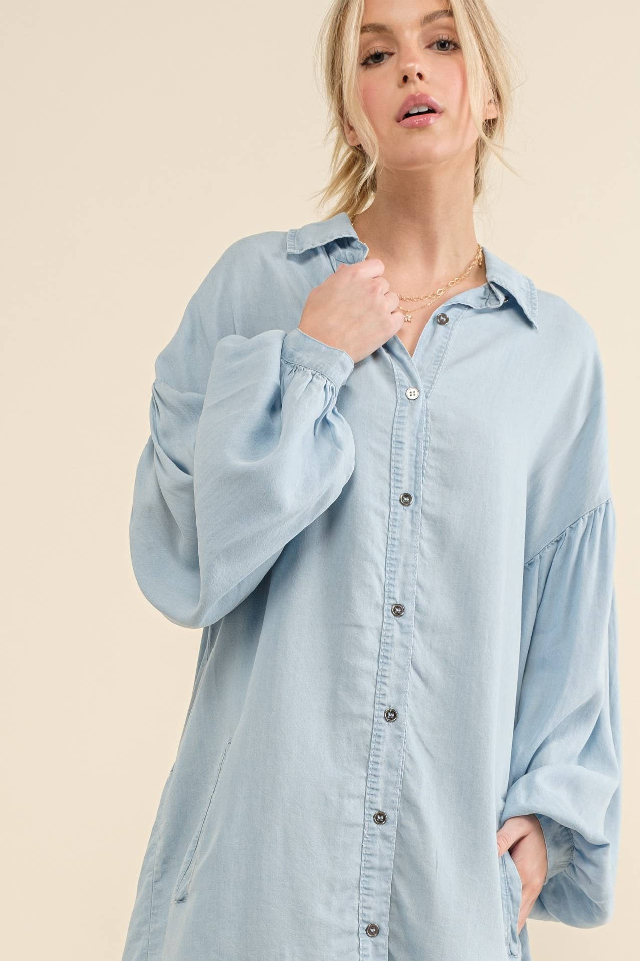 Raw Edge Hem Chambray Casual Dress