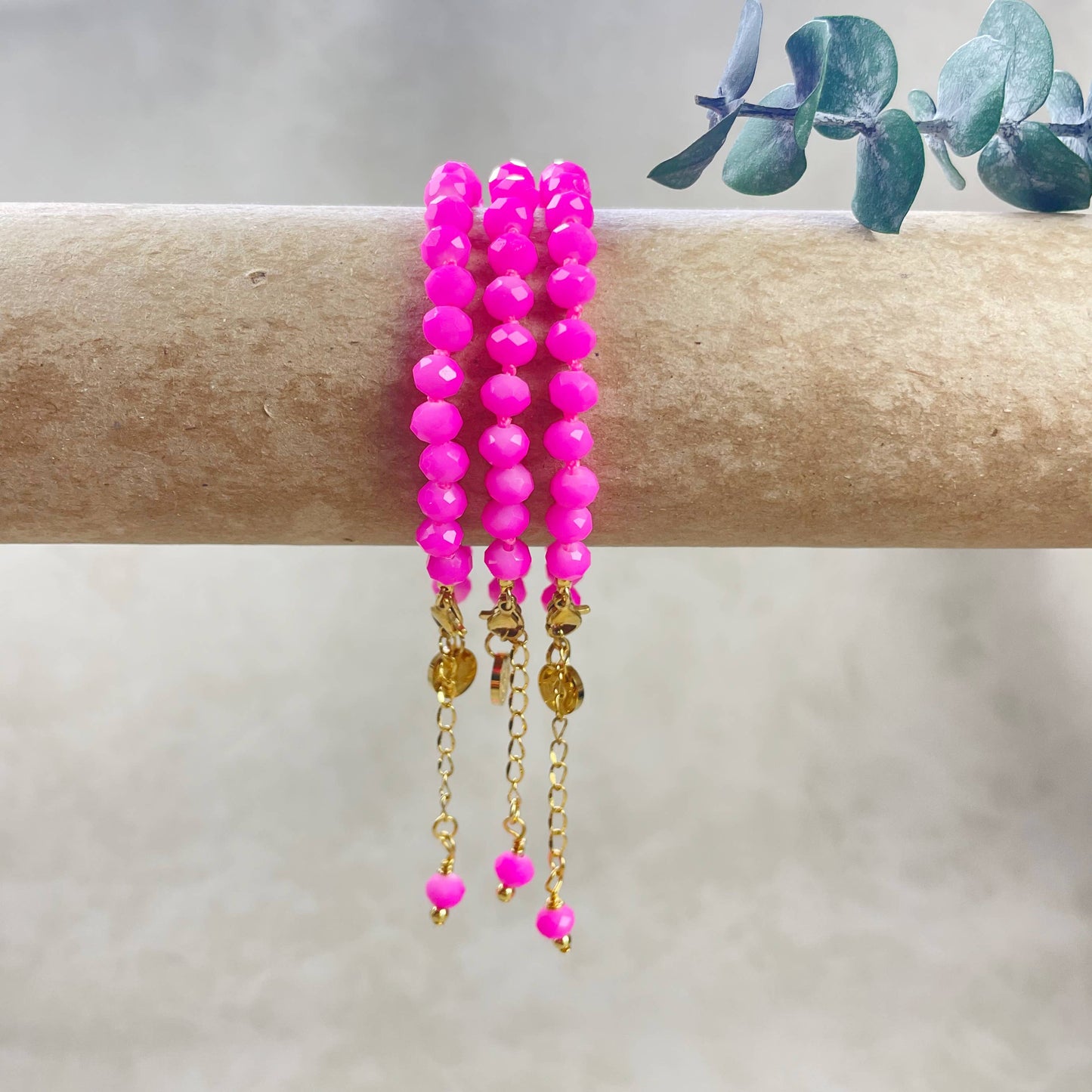 Barb// Hot Pink Neon Crystal Beaded Handknotted Bracelet