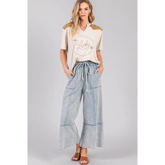 MINERAL WASHED TERRY KNIT PANTS DENIM