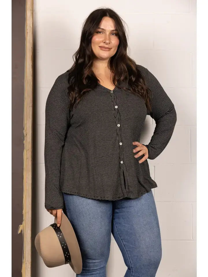 BLACK V-NECK  STRIPES LONG SLEEVES PLUS SIZE TOP T8820PL