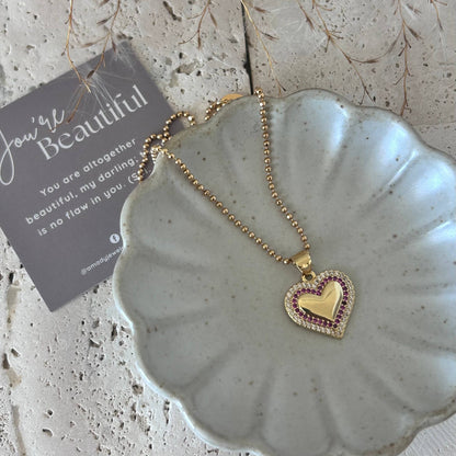 Small Heart Pave Pendant necklace pink glass beaded chain