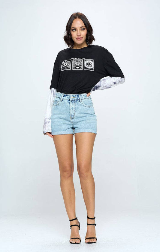 STRETCH HIGH RISE SOLID HEM DENIM SHORTS