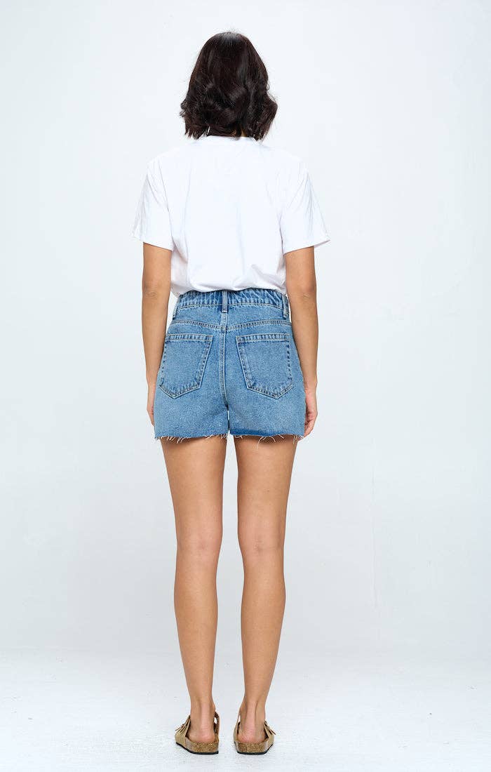 STRETCH HIGH RISE FREY HEM DENIM SHORTS