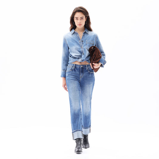 Mid Rise Cuffed Hems Straight Distressed Jeans OST5025