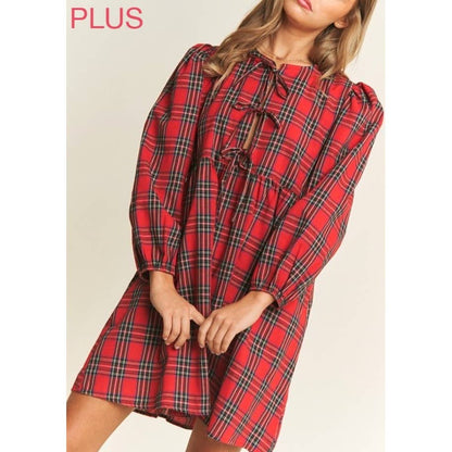 PLUS SOFT PLAID  BABYDOLL BOW MINI DRESS