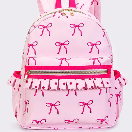 Bow Print Girls Ruffle Backpack