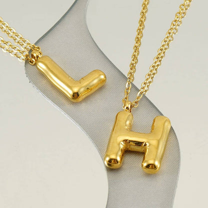 Stainless Steel Glossy Bubble Letter Necklace Gold
