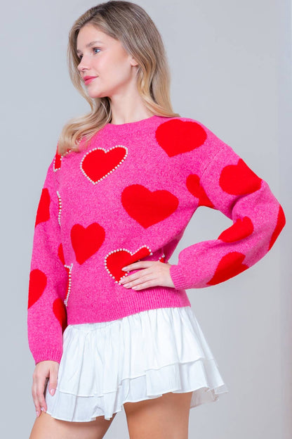 COZY PINK SWEATER WITH RED HEARTS & PEARL DETAILS