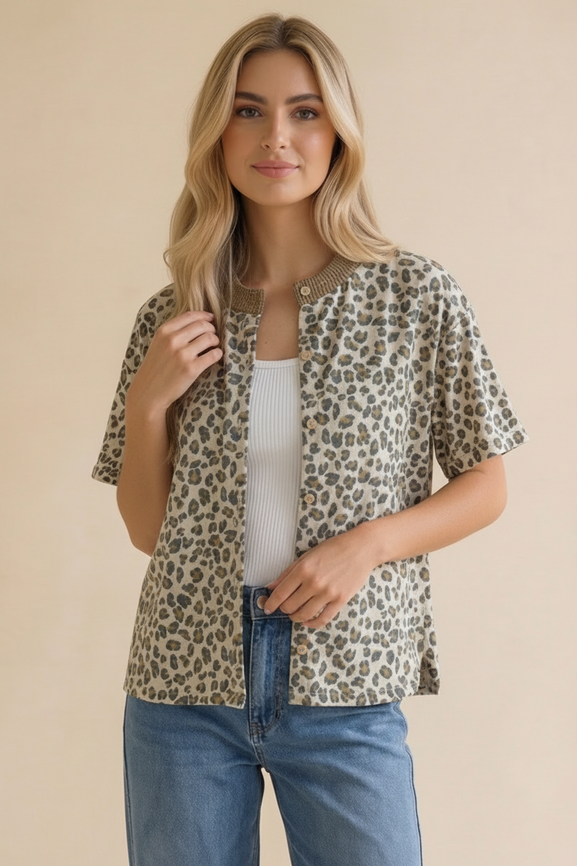 Leopard Print Button Down French Terry Cardigan