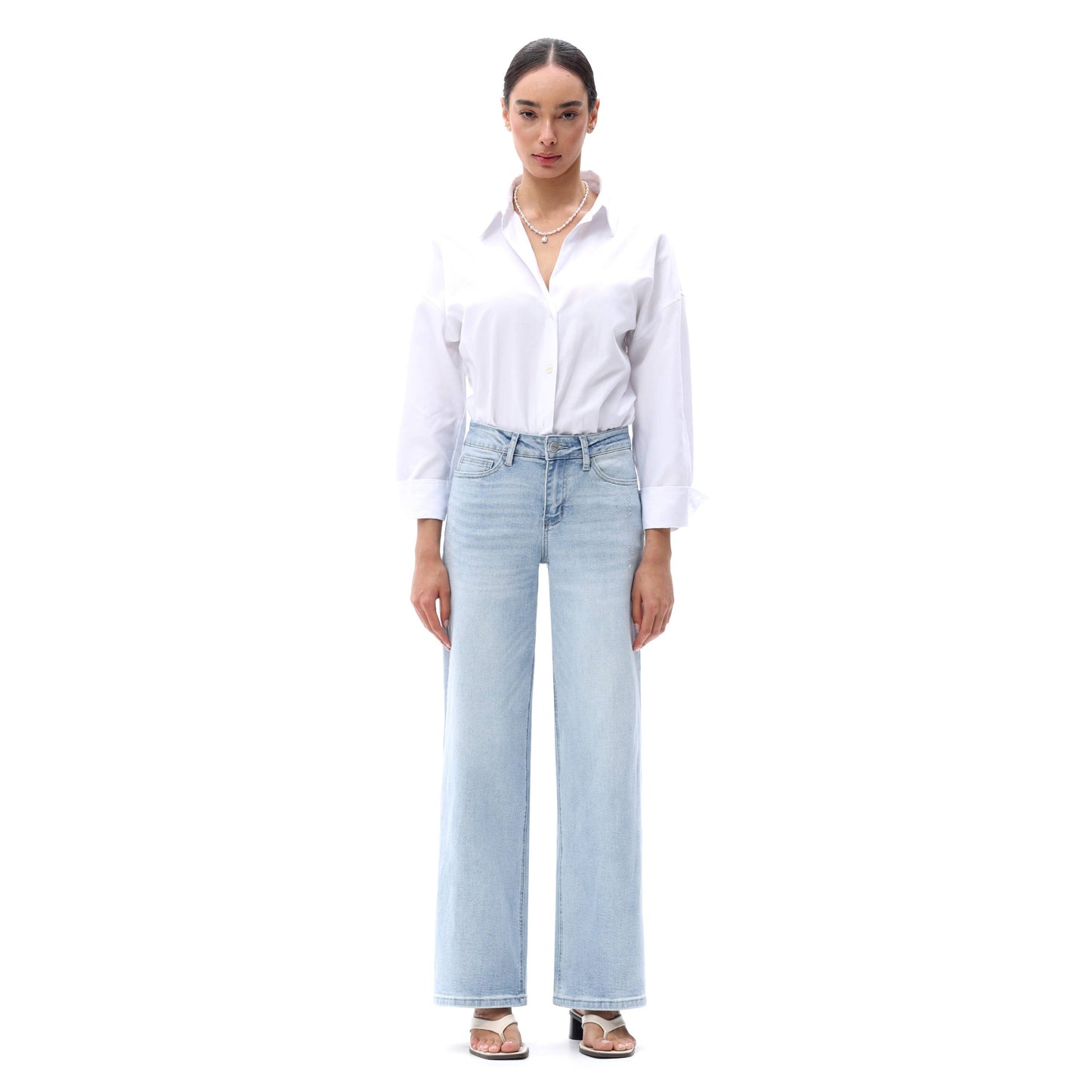 Mid Rise Wide Leg Jeans Relaxed Distressed Denim BG8001