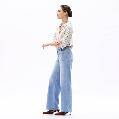 Mid Rise Wide Leg Front Patch Pockets Denim Jeans OSW8018