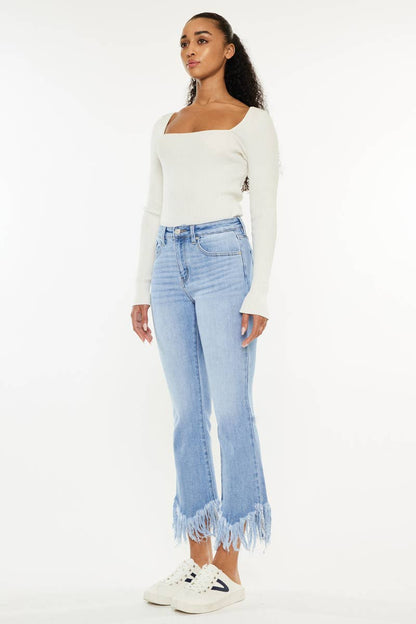 HIGH RISE CROP BOOTCUT DENIM PANTS Fray Hem