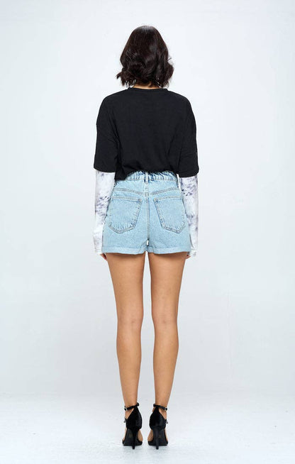 STRITCH HIGH RISE SOLID HEM DENIM SHORTS