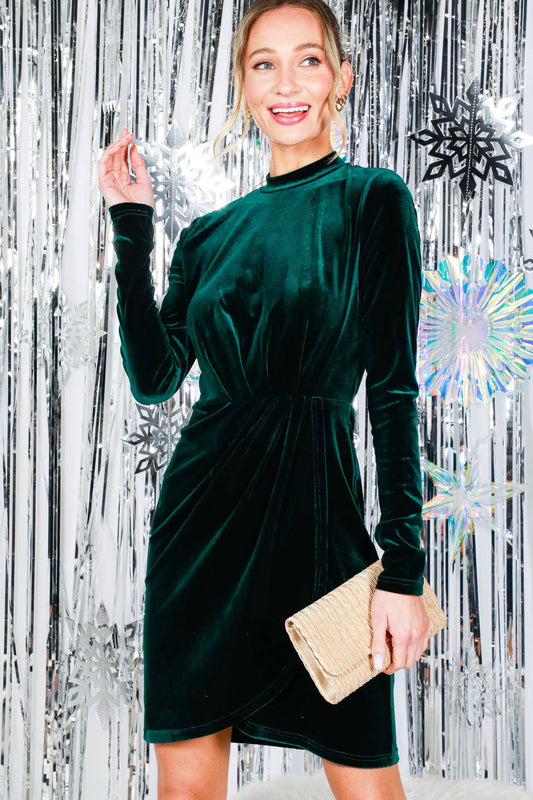 Mock Neck Wrap-Front Bodycon Velvet Mini Dress