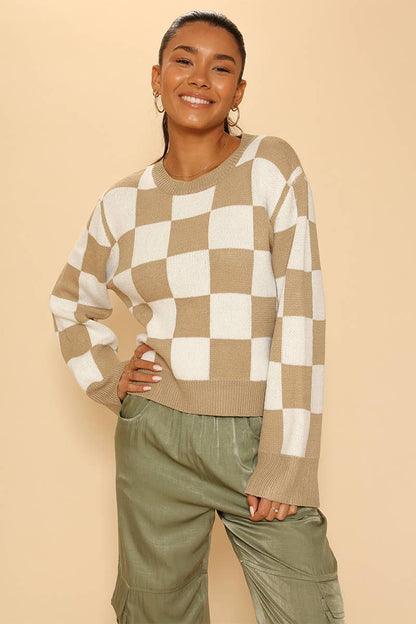 Checkered Sweater - Ribbed Hem, Cuffs and Collar