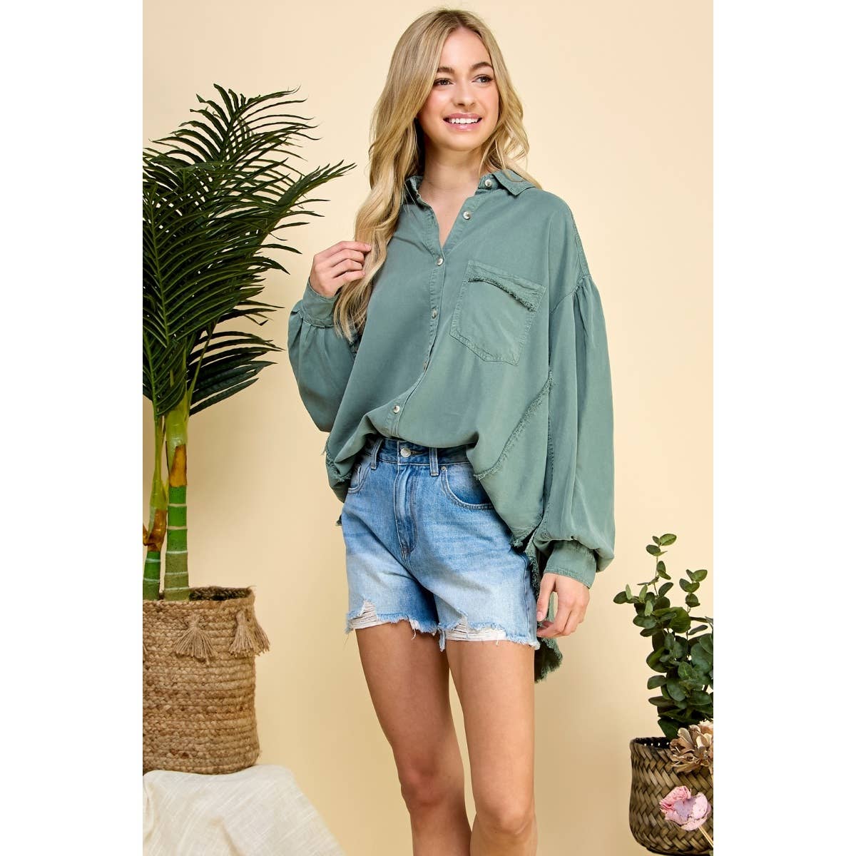 Oversize Frayed Seam Balloon Sleeve Shirts